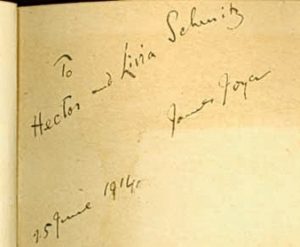 La dedica di James Joyce a “Hector and Livia Schmitz” su una copia della prima edizione dei suoi Dubliners. 1914. Trieste – Museo Sveviano.